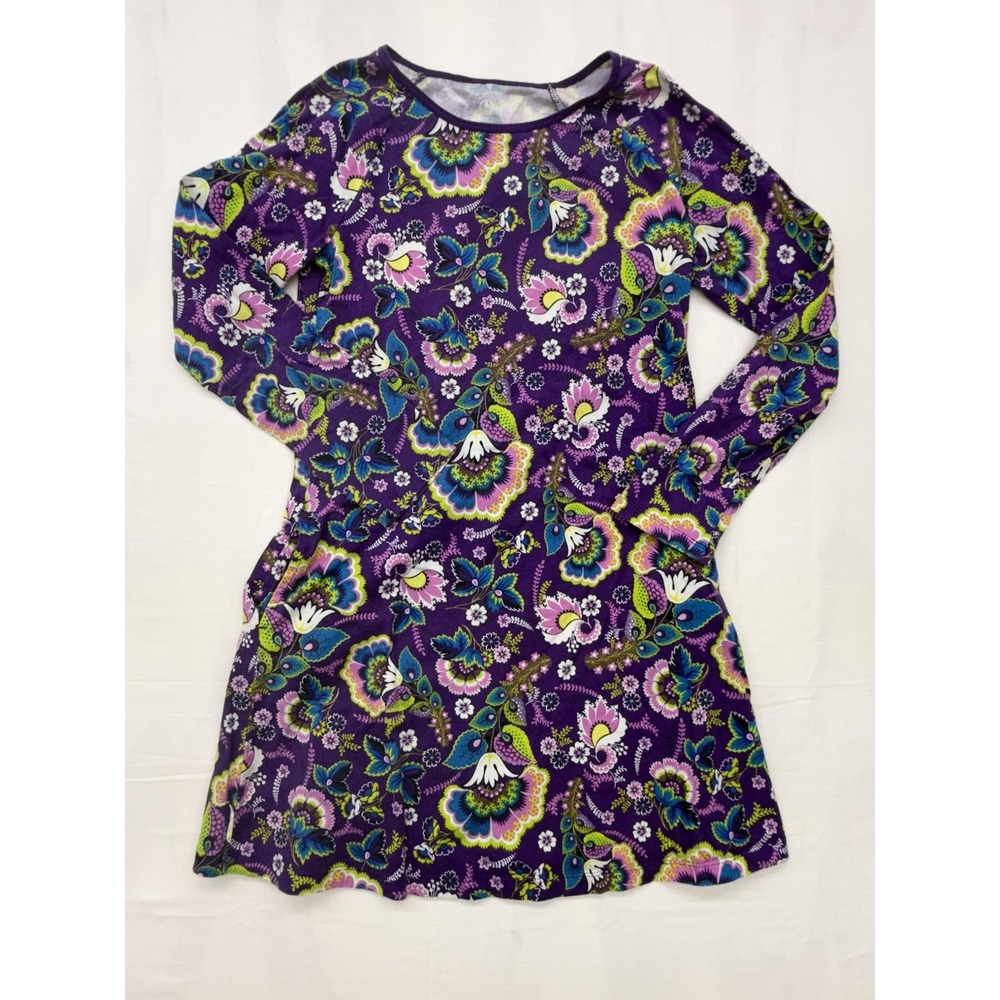 Lands End Girls Purple Flowered Long Sleeve Dress Size M 10-12